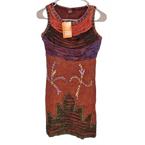 K.P.C. Handmade Bohemian Embroidered Stonewashed Brown Floral Dress Large - Picture 1 of 9